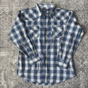 Western MWG Apparel 2XLT blue plaid pearl snap long sleeve